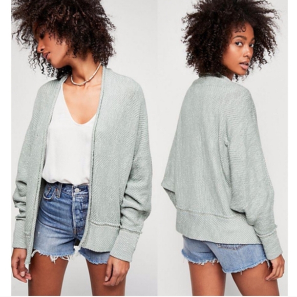 Free People Motion Knit Cardigan Sweater Sage Gray Open Front Dolman M - Picture 1 of 9